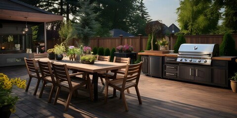 Outdoor entertainment area with builtin barbecue and bar setup. Concept Outdoor Living Space, Barbecue Area, Entertainment Zone, Alfresco Dining, Outdoor Bar