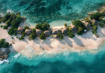 A private island retreat, powdery white sands meet azure waves, paradise untouched. Luxurious villas offer privacy, hammocks sway, inviting guests to unwind in style.
