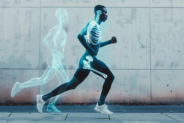 Man running with a visible skeleton x-ray, showcasing orthopedic tech