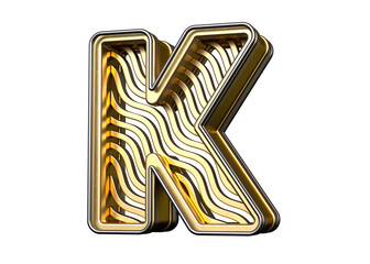 Gold alphabet letter K with a wave pattern. High-resolution and realistic metallic lettering great for headers, posters, advertisements or web projects. 3D rendering.