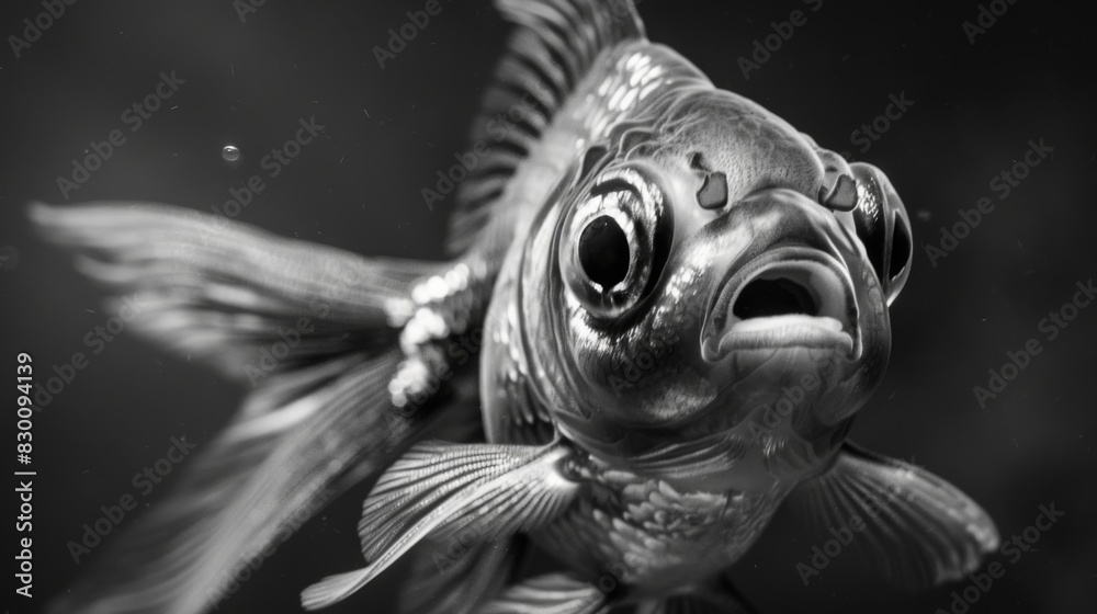 Poster a close-up of a goldfish's face, its expressive eyes and delicate features adding charm and personal