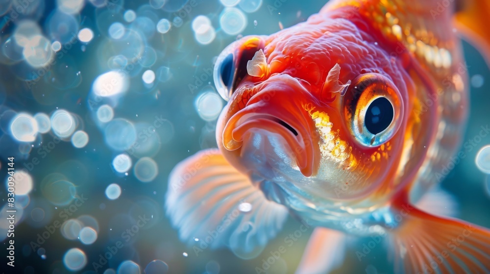 Poster A close-up of a goldfish's face, its expressive eyes and delicate features adding charm and personality to the aquatic scene.