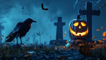 Crow on Cemetery Beside JackoLantern  Halloween Horror