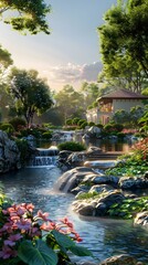 Fototapeta premium A house located in the mountains next to a lake surrounded by trees and flowers with a river flowing through the property.