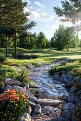 Peaceful Garden Stream Among Lush Greenery
