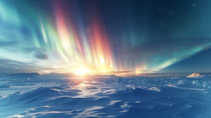 The sky is filled with aurora and beautiful serene landscape