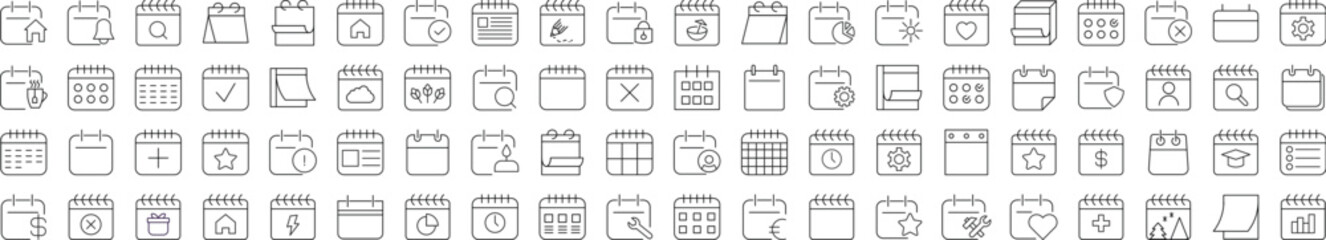 Collection of Line Icons of Calendar. Suitable for books, stores, shops. Editable stroke in minimalistic outline style. Symbol for design