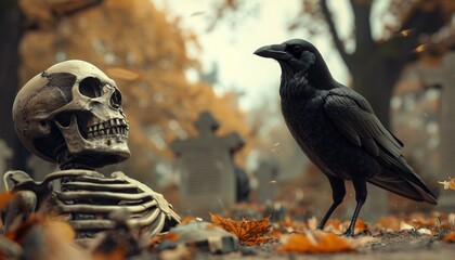 Crow on Cemetery with Skeleton  Halloween Horror Image