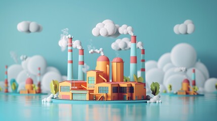 Colorful 3D factory model with smoke stacks against a bright blue background, creating a playful and whimsical industrial scene.