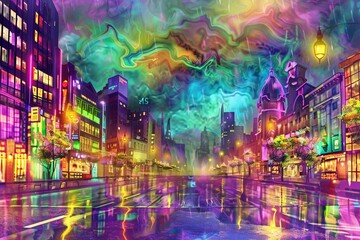 Naklejka premium dreamlike cityscape bathed in swirling neon lights, casting reflections on glistening wet streets. The vibrant colors and flowing lines create an abstract and captivating skyline