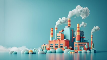 Colorful industrial factory with chimneys emitting smoke, digital art representation of pollution, blue background, playful design.