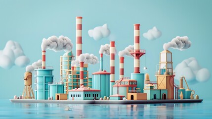 Obraz premium Colorful industrial factory with smokestacks against a vibrant sky background, reflecting environmental impact and urban development.