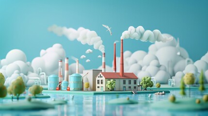 Colorful illustration of a factory emitting smoke with water, trees, and clouds, symbolizing environmental pollution and industrial impact.