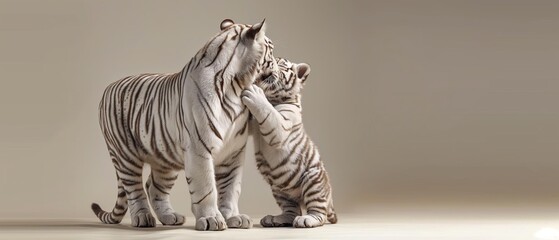 AI Image Generator of Baby animals, a white tiger cub kisses a sitting white tiger father.
 - Powered by Adobe