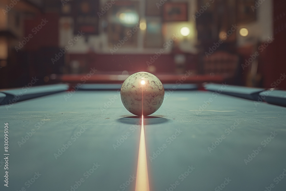 Poster Image with a thin, vertical line pointing down at a billiard ball, highlighting the vertical motion of the cue,