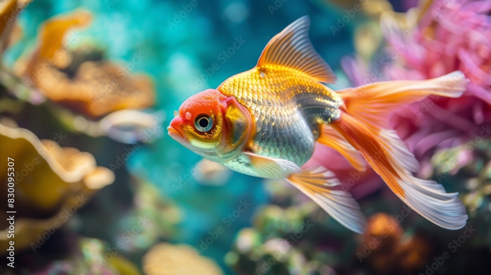 Poster a close-up of a regal goldfish swimming gracefully against a backdrop of colorful coral and artifici