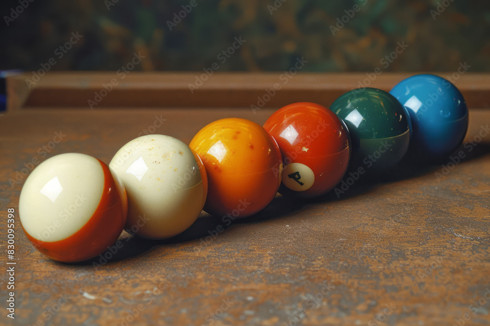Aufkleber Artistic rendering of a diagonal line intersecting multiple billiard balls, suggesting a break shot,