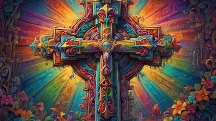 Jesus Christ's holy cross in a majestic and detailed design. Colorful heaven like illustration. Concept of faith.