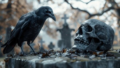 Crow on Cemetery Beside Skull Halloween Horror Image