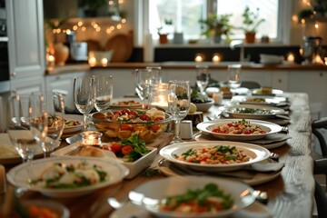 A table with a vase of flowers and wine glasses, and a plate of food