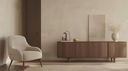 Elegant living area with a luxurious armchair and wooden sideboard soft lighting warm color palette inviting feel