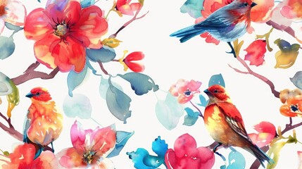 Seamless watercolor pattern featuring flowers and birds on a white background