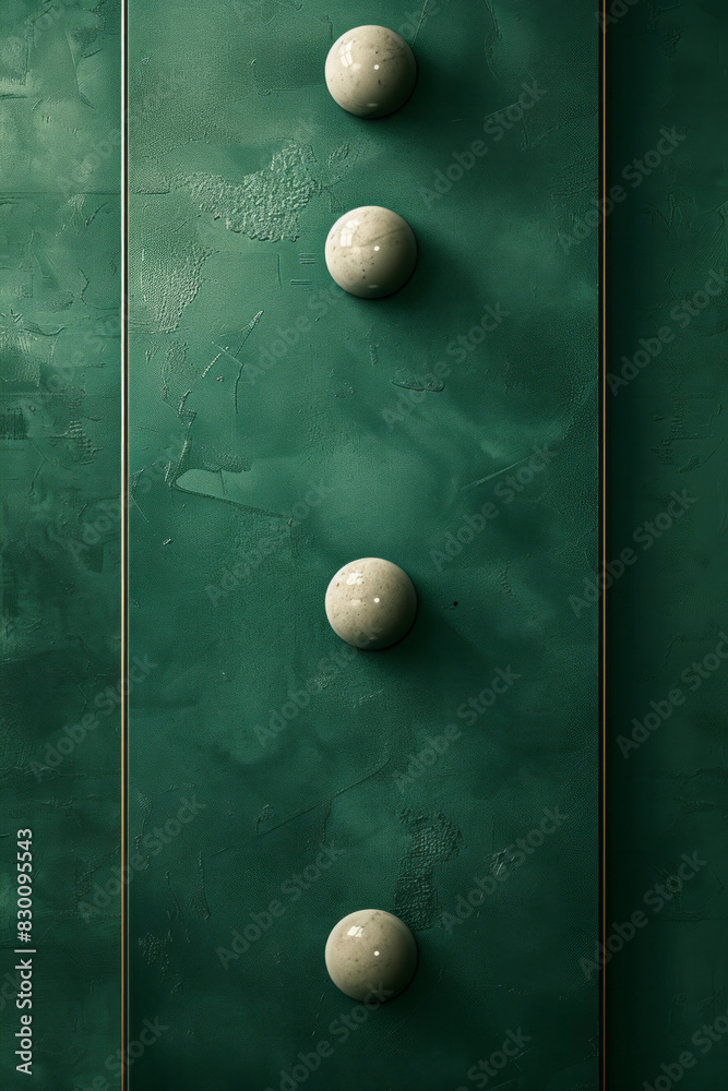 Poster Artistic depiction of a minimalist billiard table with a green rectangle and circular pockets represented as white circles,