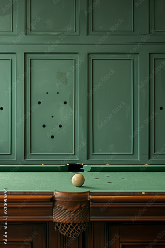 Poster Artistic depiction of a minimalist billiard table with a green rectangle and circular pockets represented as white circles,