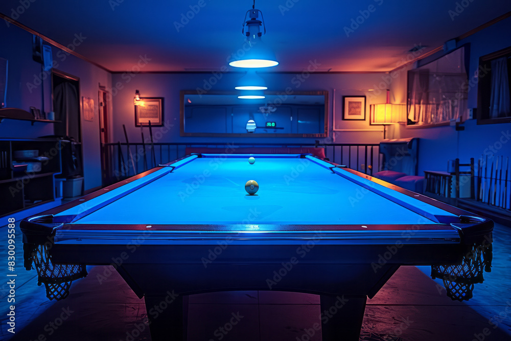 Poster scene with a blue rectangle as the billiard table, with square cutouts at the corners and midpoints 