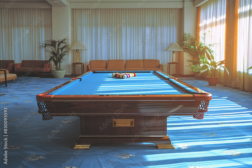 Poster scene with a blue rectangle as the billiard table, with square cutouts at the corners and midpoints 