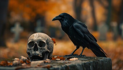 Naklejka premium Creepy Crow on Cemetery with Skull 3D Halloween Horror Scene
