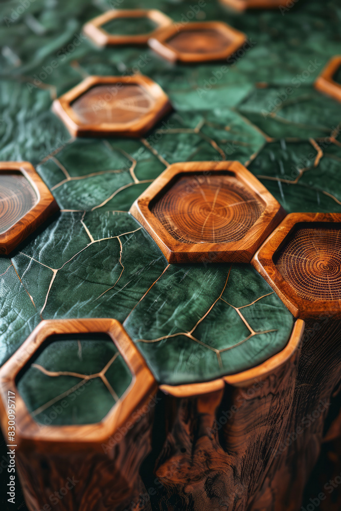 Aufkleber image of a green table with basic brown outlines, featuring hexagonal pockets at strategic points,