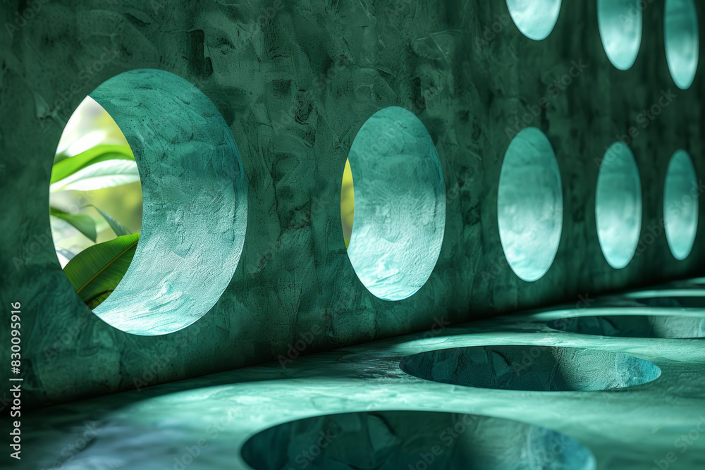 Poster Artistic rendering of a green table with blue circular pockets at each corner, emphasizing geometric shapes,