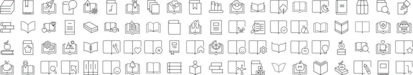 Collection of Icons of Book for Shops and Stores. Suitable for books, stores, shops. Editable stroke in minimalistic outline style. Symbol for design