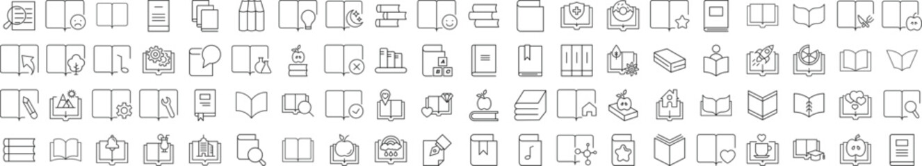 Collection of icons of Book for Advertisement. Suitable for books, stores, shops. Editable stroke in minimalistic outline style. Symbol for design