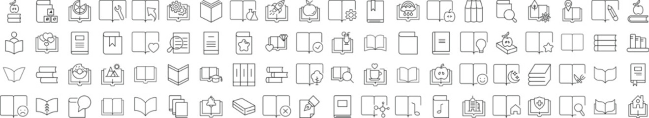 Collection of Icons of Book. Suitable for books, stores, shops. Editable stroke in minimalistic outline style. Symbol for design