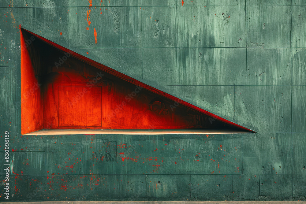 Poster artistic depiction of a simple green rectangle with orange triangular pockets, emphasizing bold colo