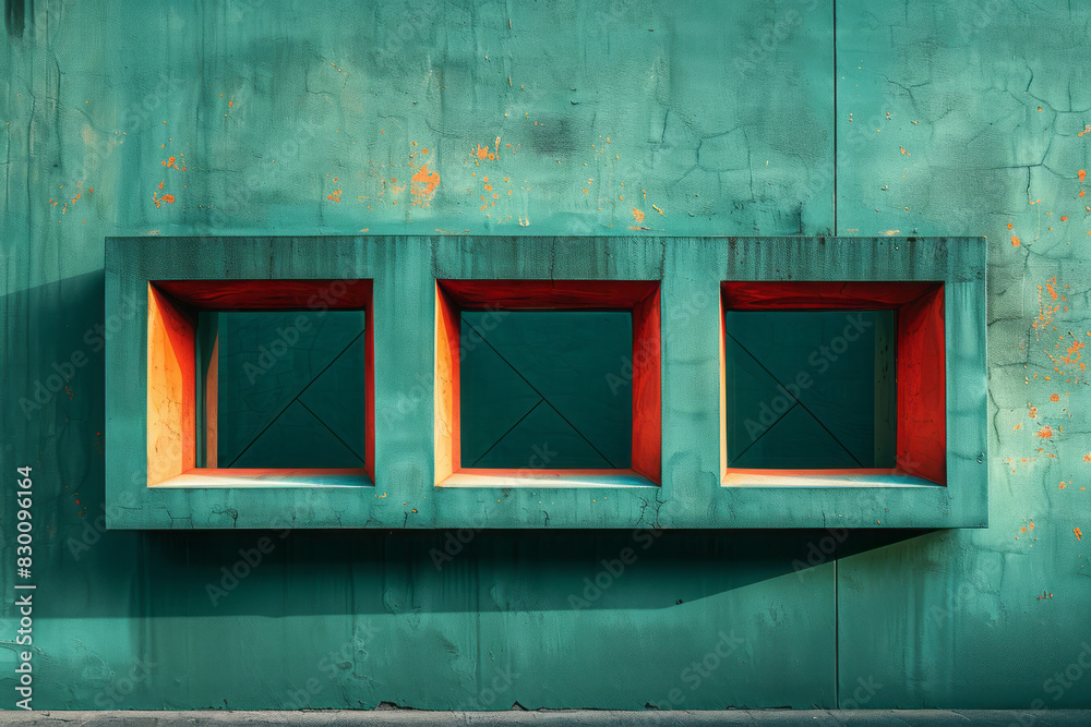Poster artistic depiction of a simple green rectangle with orange triangular pockets, emphasizing bold colo
