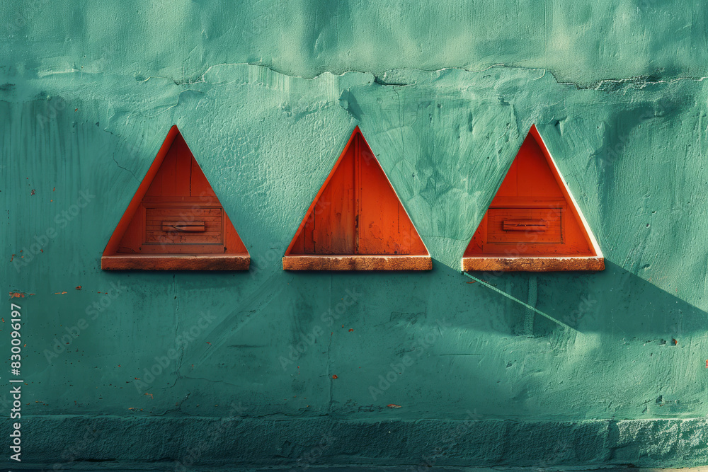 Poster artistic depiction of a simple green rectangle with orange triangular pockets, emphasizing bold colo
