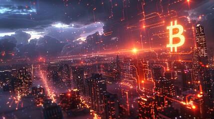 Fototapeta premium A futuristic city skyline at night, with buildings connected by bright, lightning-like pathways symbolizing the Bitcoin Lightning Network, showing seamless and instant Bitcoin transactions
