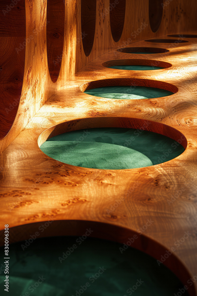 Poster scene featuring a brown table outline with green elliptical pockets, giving an abstract representati