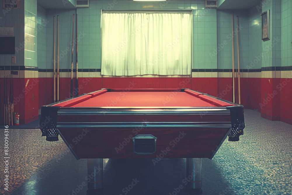 Fototapete image of a red billiard table with basic white outlines and hexagonal cutouts for pockets,