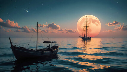 A serene night seascape with small fishing boats silhouetted against a giant rising moon, reflecting its glow on calm waters beneath a starry sky.