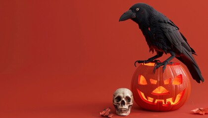 Crow on JackOLantern Beside Skull on Solid Background