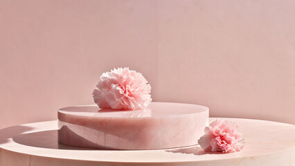 Empty podium displaying products of pink jade stone and pink carnation flower for showcasing merchandise in landscape