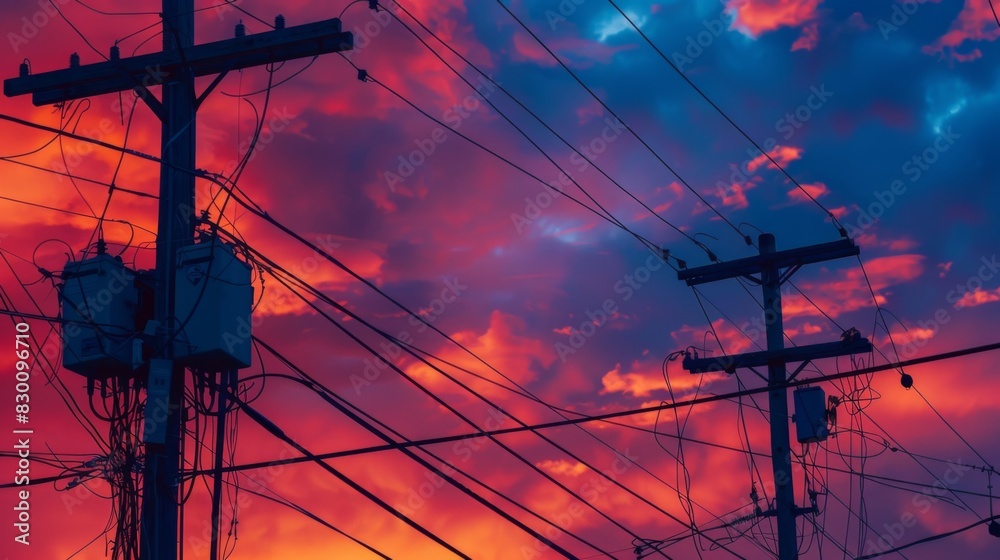 Poster A close-up of power lines and transformers mounted on utility poles against a colorful sunset sky, symbolizing the intersection of nature and technology.