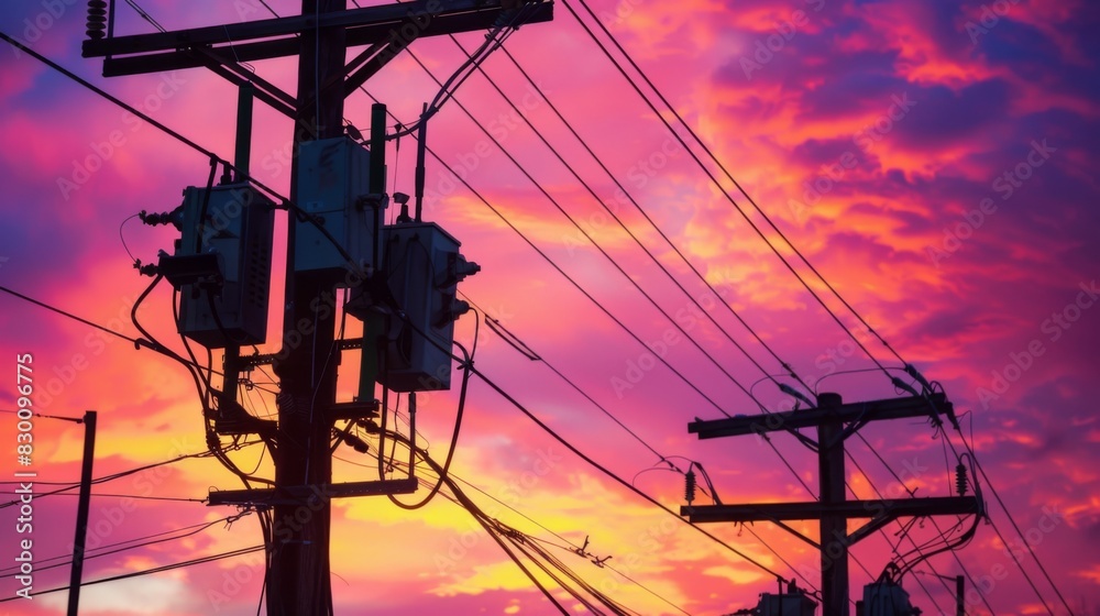 Fototapete a close-up of power lines and transformers mounted on utility poles against a colorful sunset sky, s