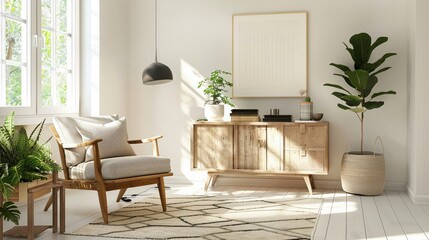 Scandinavianinspired living space with a comfortable armchair and sleek cabinet neutral tones bright and airy