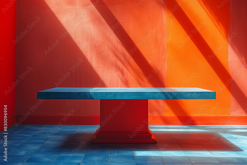 Poster Scene featuring a blue table with simple red triangular pockets at the corners and midpoints, emphasizing bold color contrasts,