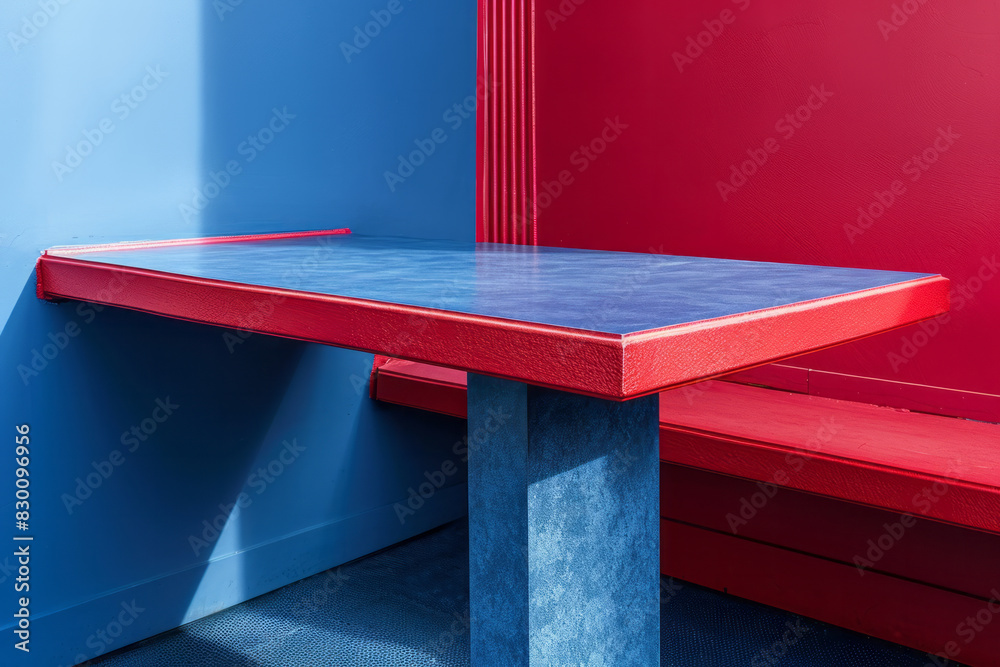 Poster Scene featuring a blue table with simple red triangular pockets at the corners and midpoints, emphasizing bold color contrasts,